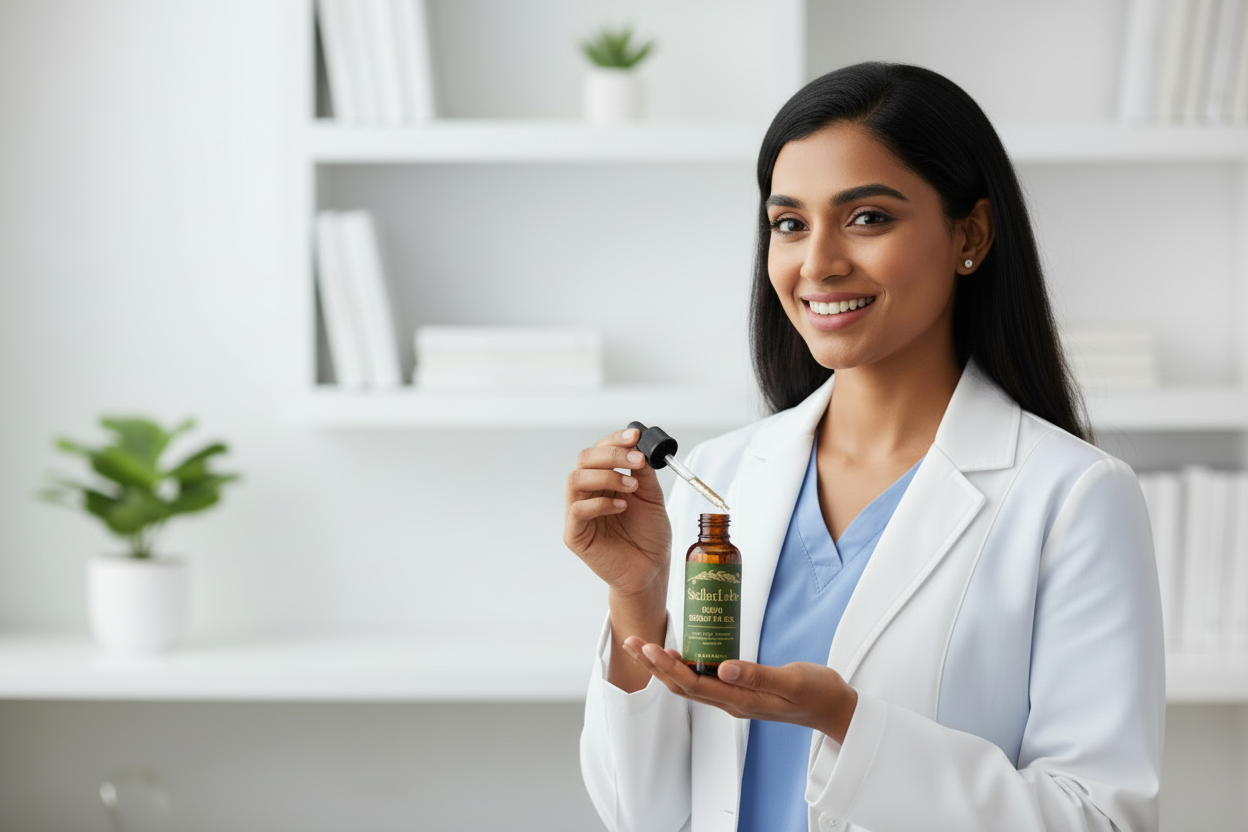 Male Doctor Looking at Camera with Bottle